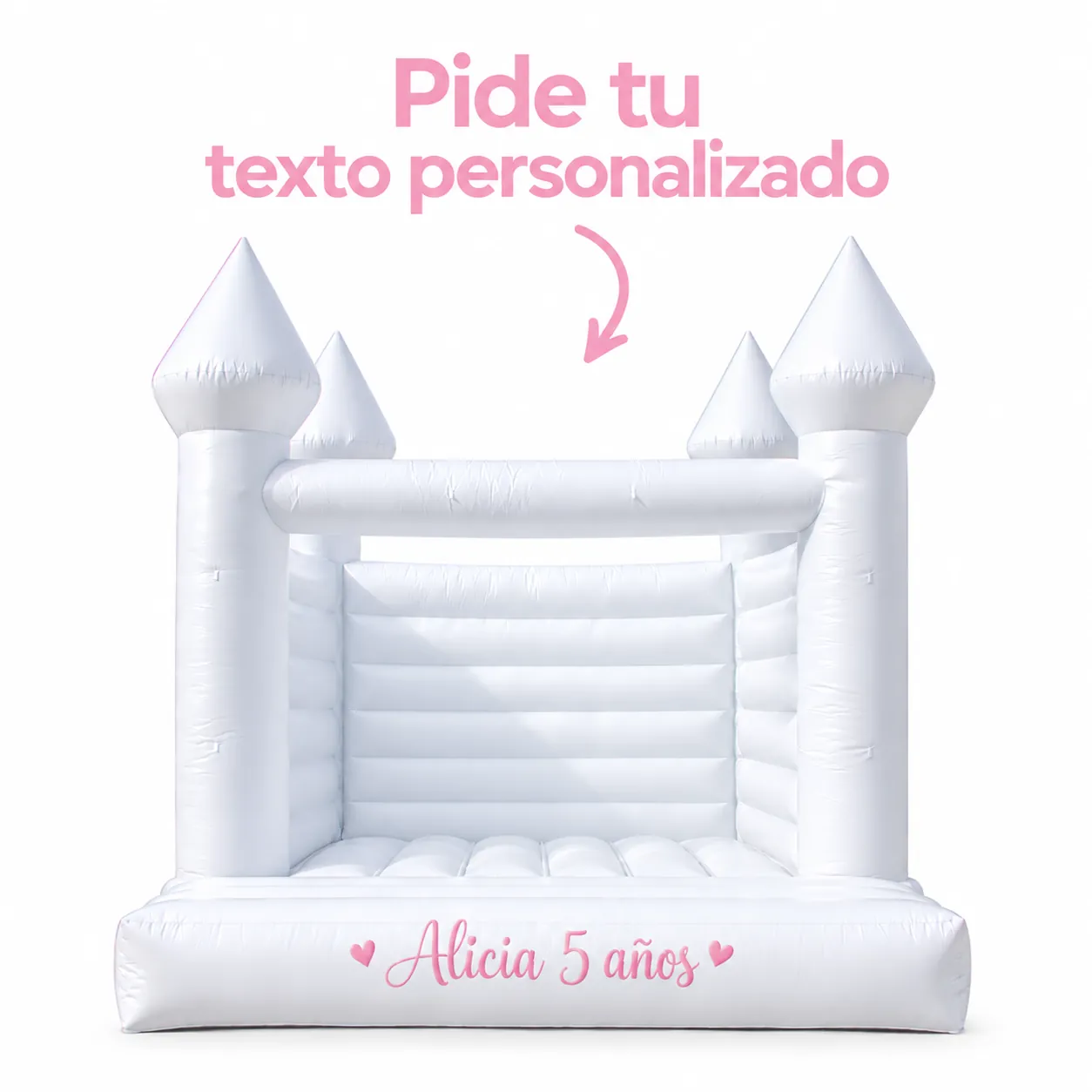 White bouncy castle personalised with the text Alicia 5 years